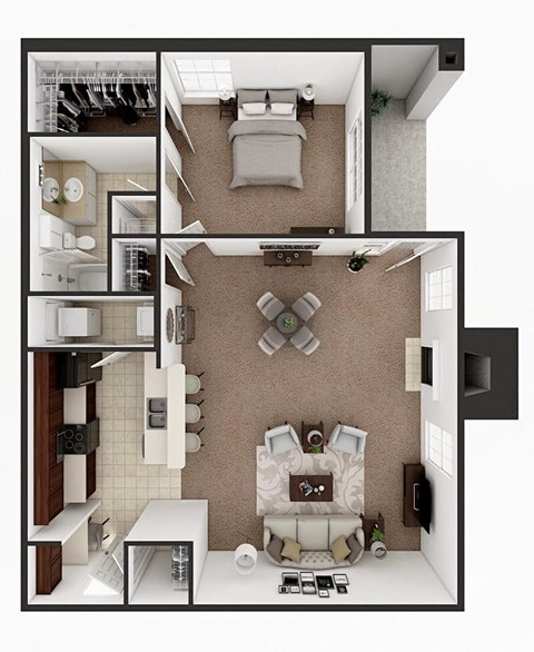Floor plan for 1 bed, 1 bath, 865 sqft